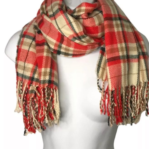 J.Crew Factory Scarf Long Plaid Shawl Wrap Fringe Tan Orange 74 x 24 - Picture 5 of 10